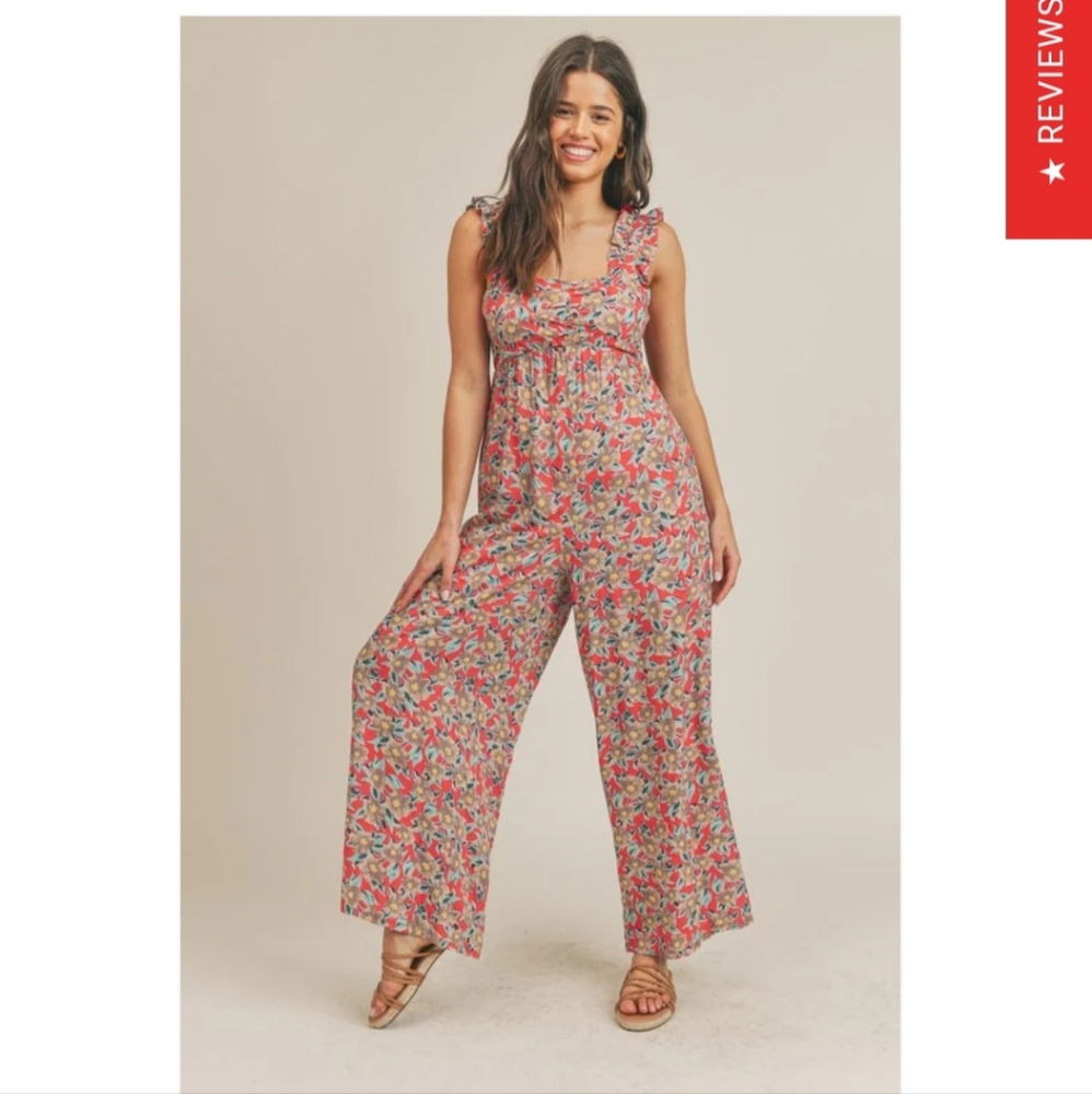 & Merci Floral Wide Ruffle Straps Flowy Wide Leg Pants Back Cutout Elastic Tie - Picture 3 of 15
